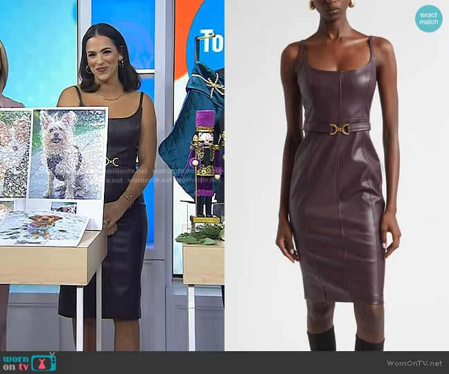 L'Agence Halia Belted Faux Leather Midi Dress in Dark Malbec worn by Janelle Cohen on Today