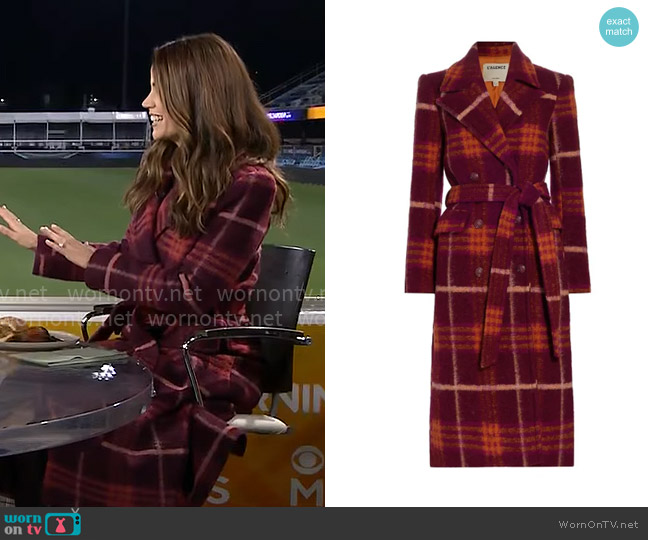 L'Agence Olina Plaid Wool-Blend Trench Coat worn by Elizabeth Cook on CBS Mornings