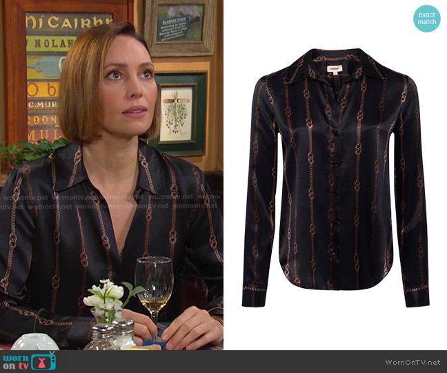 L'Agence Tyler Chain-Printed Silk Blouse worn by Gwen Rizczech (Emily O'Brien) on Days of our Lives