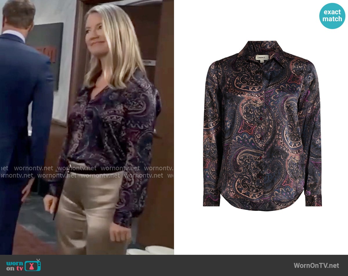 L'Agence Tyler Shirt in Plum Multi Boute Paisley worn by Nina Reeves (Cynthia Watros) on General Hospital
