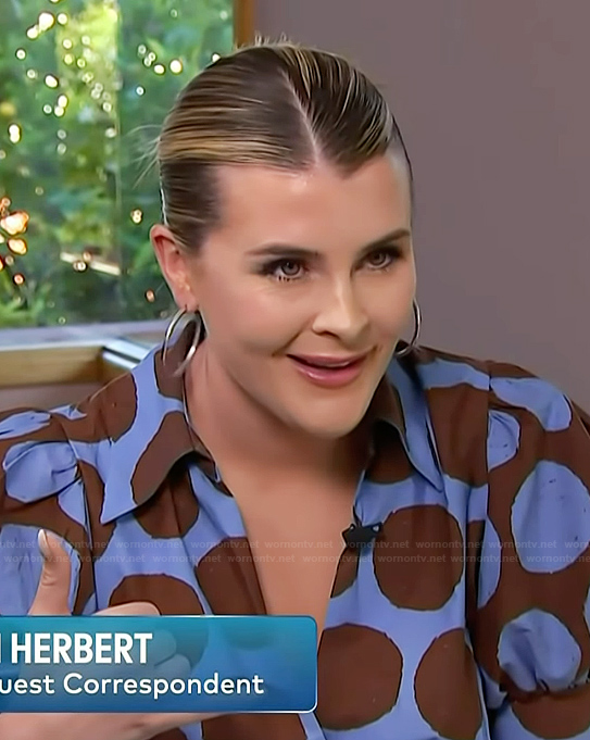 Lauren Herbert’s blue polka dot print dress on Access Hollywood