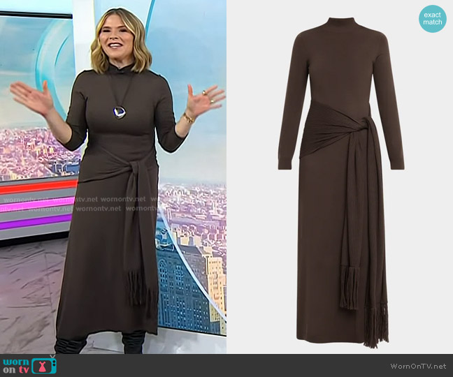 Lela Rose Mock-Neck Long-Sleeve Wrap-Sash Midi Dress in Cocoa worn by Jenna Bush Hager on Today