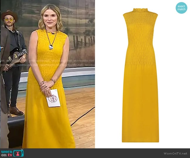 Lela Rose Smocked Knit Mock Neck Dress in Mustard worn by Jenna Bush Hager on Today