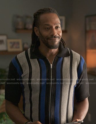 Lewi’s striped zip front knit shirt on Reasonable Doubt