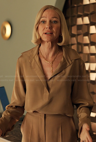 Liberty’s beige collared blouse and pants on Alls Fair