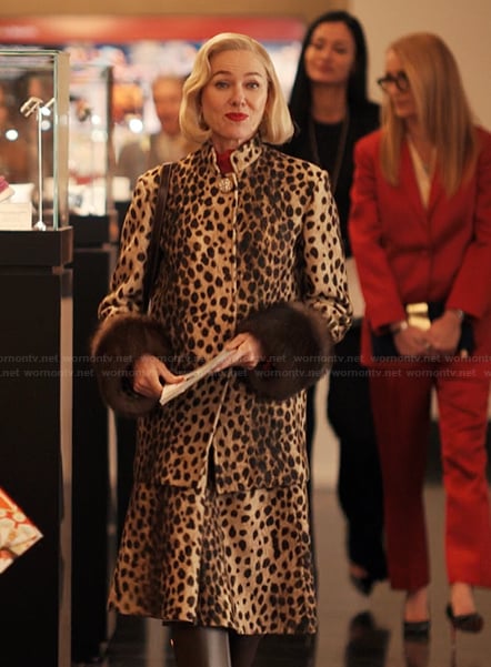 Liberty’s leopard print shearling cuff jacket and skirt on Alls Fair