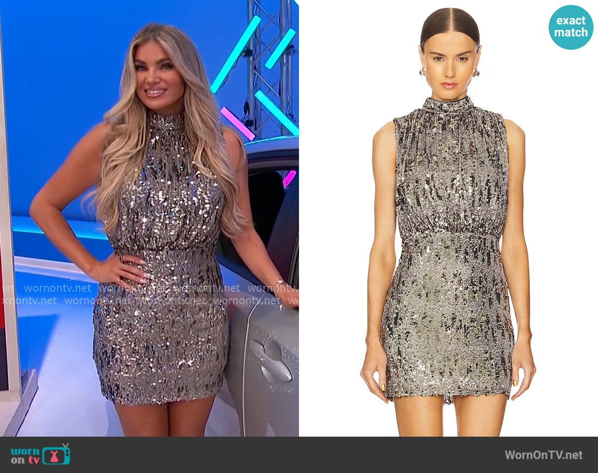 Line & Dot Cache Mini Dress in Gunmetal worn by Amber Lancaster on The Price is Right