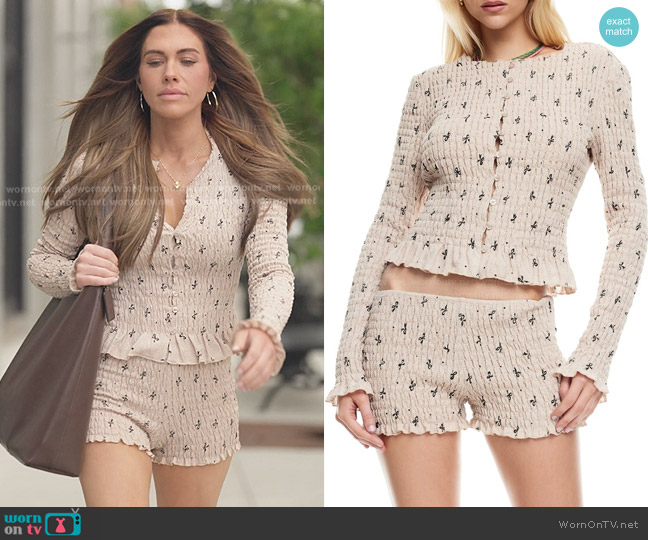 Lioness Terra Bow Smocked Button-Up Top in Beige Bow worn by Jessi Ngatikaura on The Secret Lives of Mormon Wives