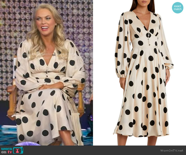 Mac Duggal Polka Dot Charmeuse Long Sleeve V Neck Midi Dress worn by Elaine Hendrix on Good Morning America