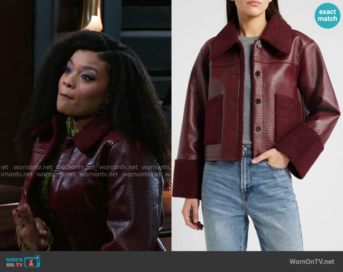 Rails Dria Faux Leather Jacket in Maroon worn by Eva Thomas (Ambyr Michelle) on Beyond the Gates