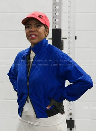 Mary’s blue monogram jacket and pink baseball cap on The Real Housewives of Salt Lake City