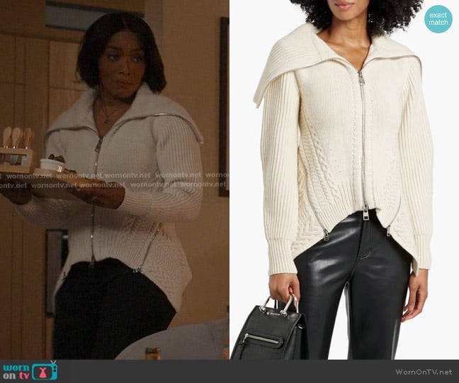 McQueen Ribbed and Cable-knit Wool Cardigan in Ivory worn by Athena Grant (Angela Bassett) on 9-1-1