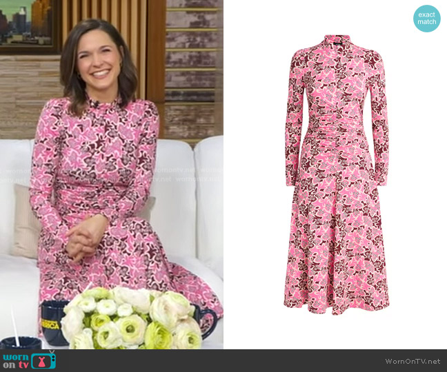 Me + Em Graphic Ribbon Floral Print Midi Dress worn by Maggie Rulli on Good Morning America