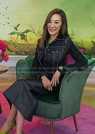 Michelle Yeoh’s black denim jacket and leather skirt on Today