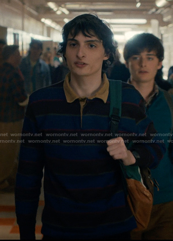 Mike’s striped rugby shirt with corduroy colloar on Stranger Things