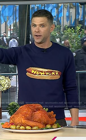 Mikey Day’s navy hot dog sweater on Today