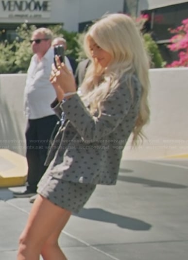 Miranda’s gray printed blazer set on The Secret Lives of Mormon Wives