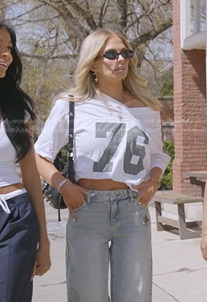 Miranda’s white 76 print tee on The Secret Lives of Mormon Wives
