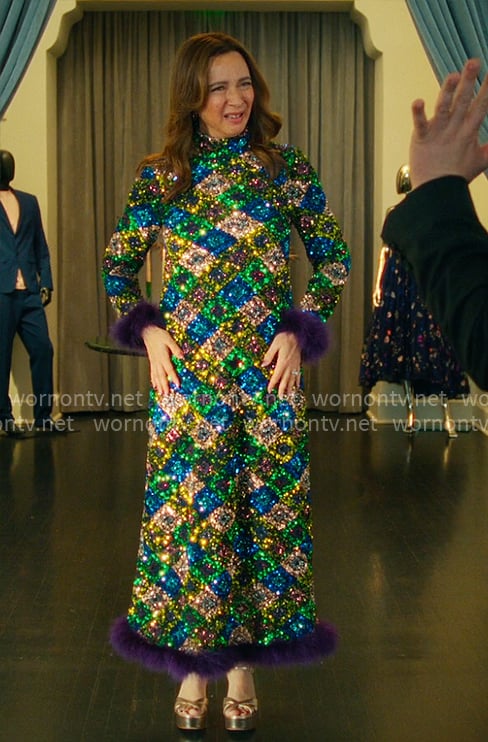 Molly’s green geometric sequin dress on Loot