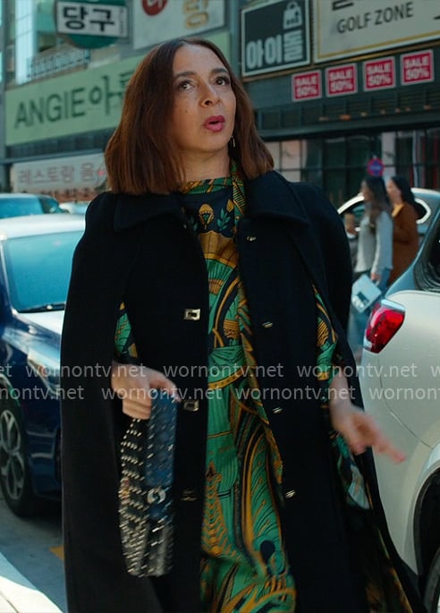 Molly’s green printed dress and cape jacket on Loot