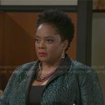 Mona’s green jacquard jacket on Beyond the Gates