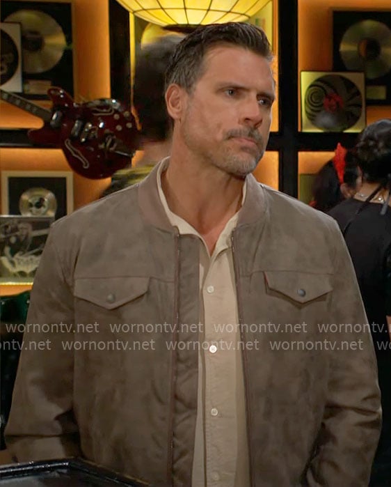 Nick’s khaki suede bomber jacket on The Young and the Restless