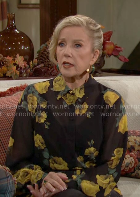 Nikki’s black and yellow rose print blouse and pants set on The Young and the Restless