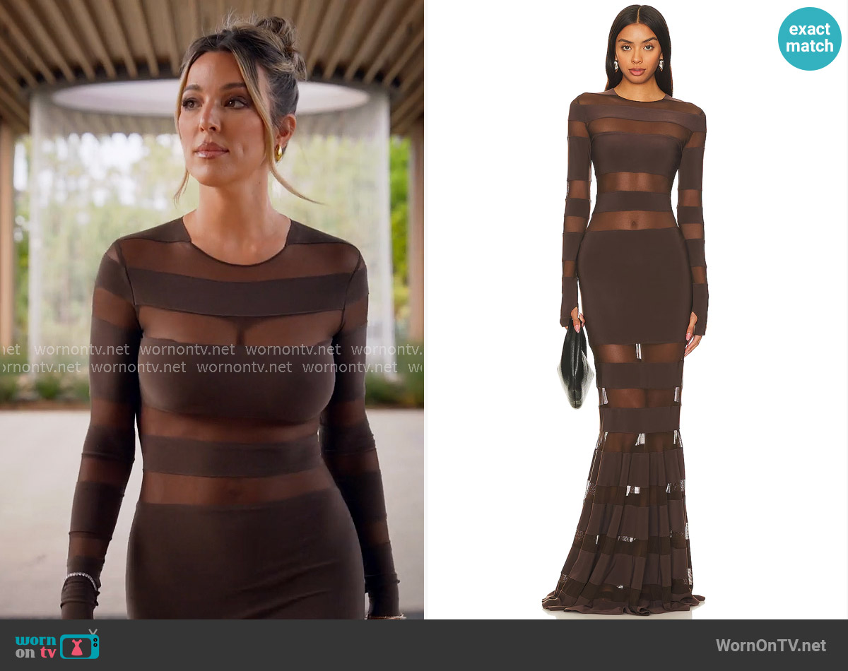 Norma Kamali Spliced Dress Fishtail Gown in Chocolate worn by Alex Halll (Alex Hall) on Selling the OC
