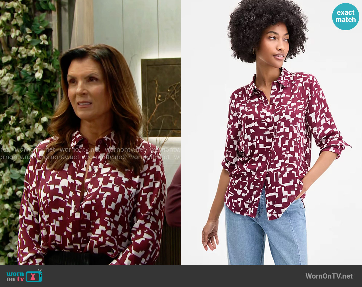On 34th Printed Silky Button-Front Shirt in Cherry Wine Combo worn by Sheila Carter (Kimberlin Brown) on The Bold and the Beautiful