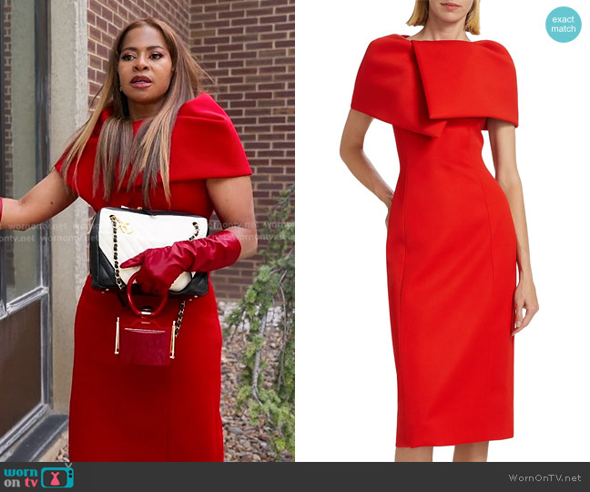 Oscar de la Renta Wool-Blend Wrap Capelet Midi-Dress in Vermilion worn by Mary Cosby on The Real Housewives of Salt Lake City
