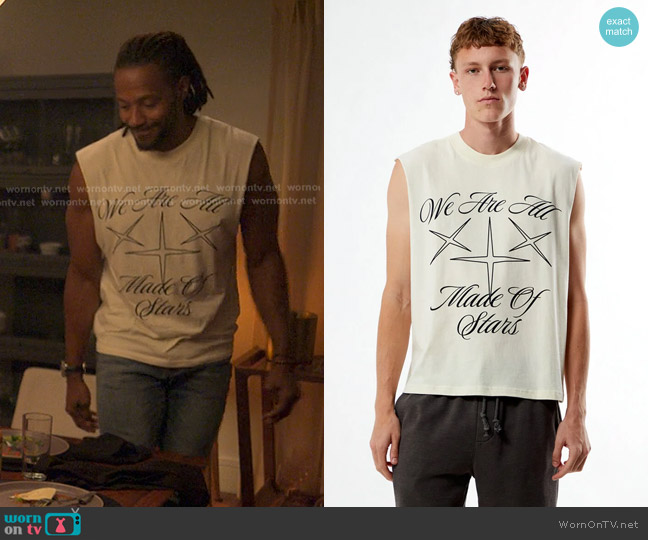 Pacsun Stars Cutoff Muscle Tank Top in Cream worn by Lewis Stewart (McKinley Freeman) on Reasonable Doubt