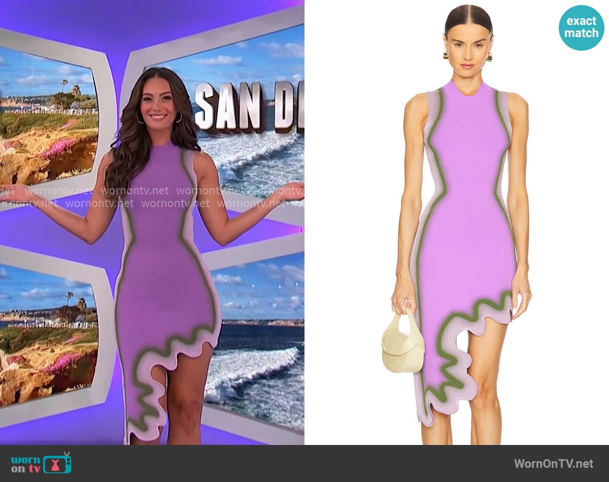 PH5 Brooklyn Wavy Asymmetric Dress in Sunset Violet worn by Alexis Gaube on The Price is Right