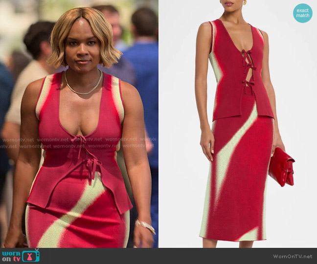 PH5 Nova Tie-Front Vest in Cherry Red worn by Sally Braswell (Nefetari Spencer) on Reasonable Doubt