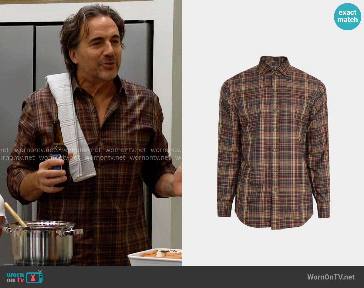 Polo Ralph Lauren Plaid Cotton Twill Button-Front Shirt in Khaki Wine Multi worn by Ridge Forrester (Thorsten Kaye) on The Bold and the Beautiful