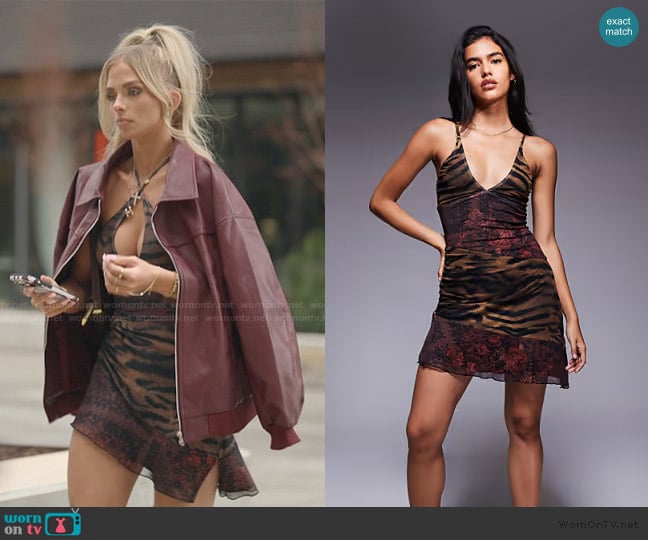 Princess Polly Syrefena chiffon halterneck mini dress in animal print worn by Miranda McWhorter on The Secret Lives of Mormon Wives