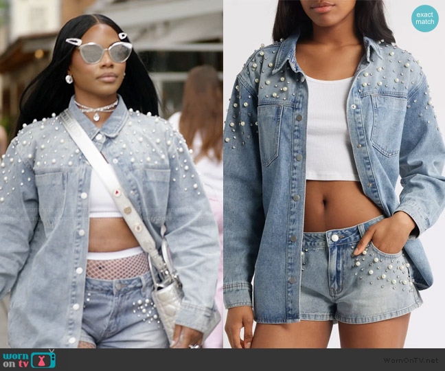 PTCL Delilah Imitation Pearl & Rhinestone Denim Jacket worn by Keiarna Stewart on The Real Housewives of Potomac