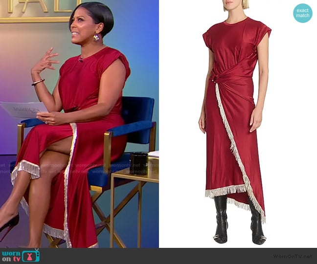 Rabanne Asymmetric fringed draped satin-jersey dress worn by Tamron Hall on Tamron Hall Show