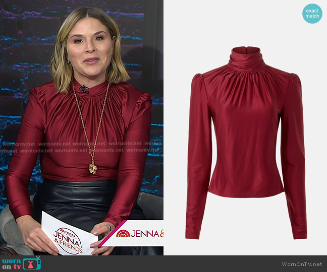 Rabanne Ruched Turtleneck Top in Crimson worn by Jenna Bush Hager on Today