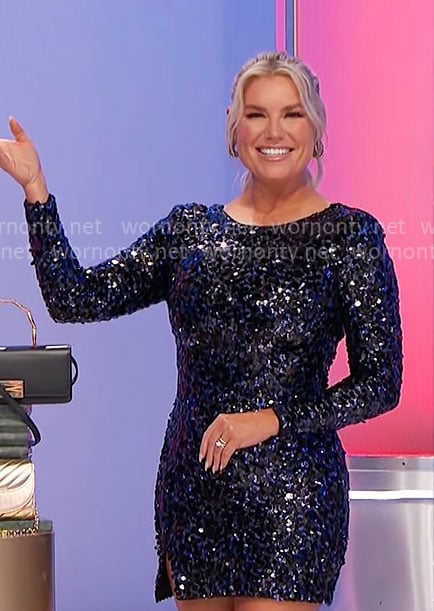 Rachel’s navy sequin mini dress on The Price is Right