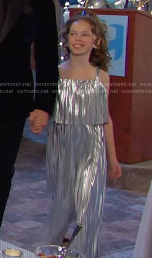 Rachel’s silver pleated jumpsuit on Days of our Lives