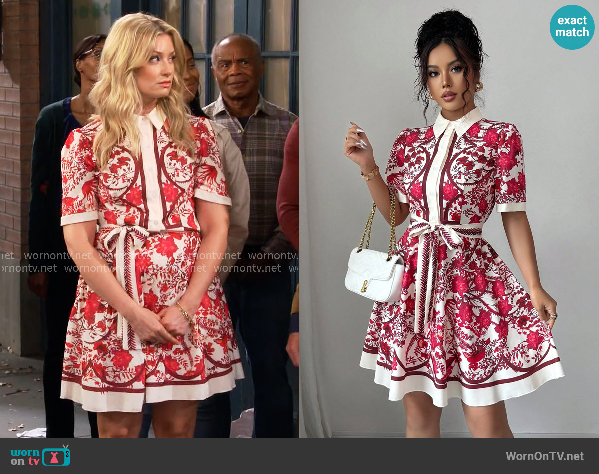 Rafferiza Vacation Print Tie Waist Dress worn by Gemma (Beth Behrs) on The Neighborhood