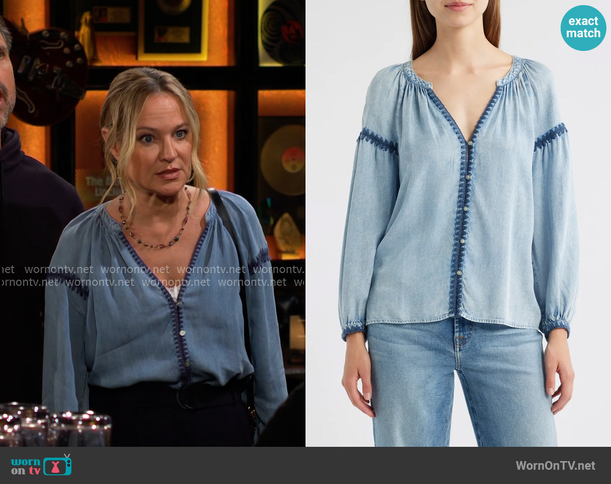 Rails Toshi Blouse in Medium Cloud Wash worn by Sharon Newman (Sharon Case) on The Young and the Restless