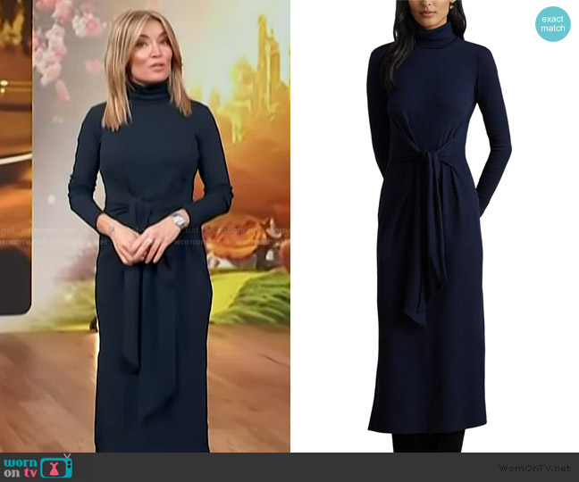 Ralph Lauren Turtleneck Tie Waist Long Sleeve Rib Cotton Blend Midi Dress worn by Kit Hoover on Access Hollywood