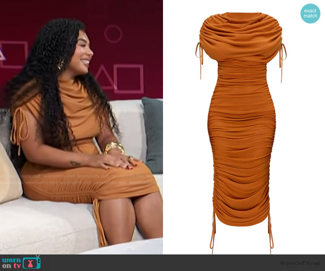 Ratu Mesh Dress in Caramel worn by Perla Figuereo on Access Hollywood