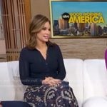 Rebecca’s navy knit shirt and paisley print skirt on Good Morning America