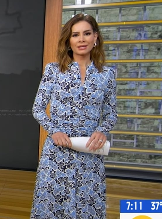 Rebecca’s blue print ruched dress on Good Morning America