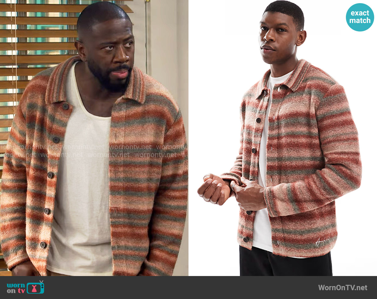 River Island Brushed Stripe Cardigan worn by Malcom (Sheaun McKinney) on The Neighborhood