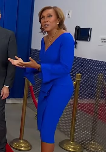 Robin’s blue ruffle sheath dress on Good Morning America
