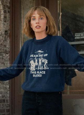 Robin’s navy Beam Me Up sweatshirt on Stranger Things