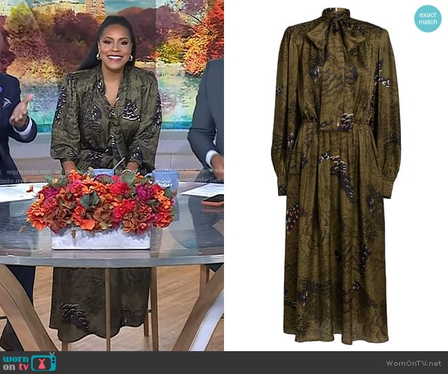 Ronny Kobo Anora Floral Silk-Blend Tieneck Maxi Dress in Jade Camo worn by Sheinelle Jones on Today